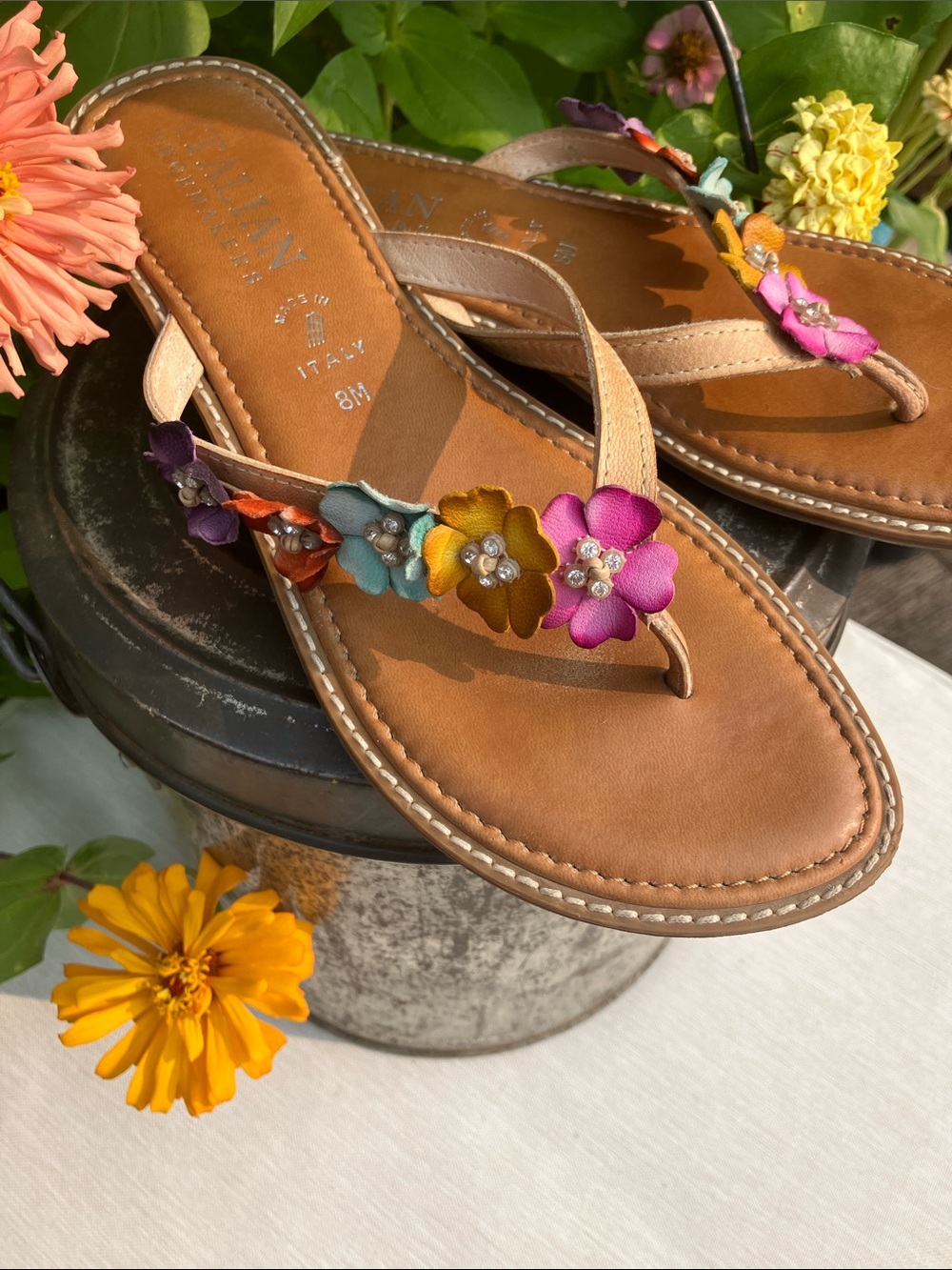 Italian Shoemakers Floral Embellished Tan Leather Thong Sandals - Picture 2 of 3